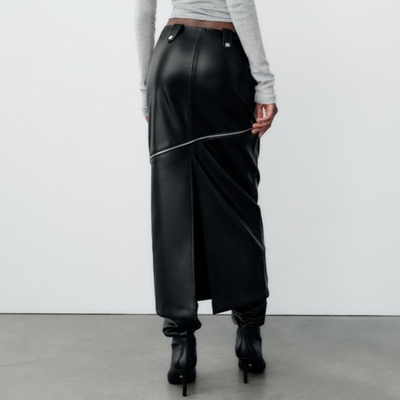 NWT 2 IN 1 DETACHABLE FAUX LEATHER MIDI BLACK SKIRT - Picture 7 of 15